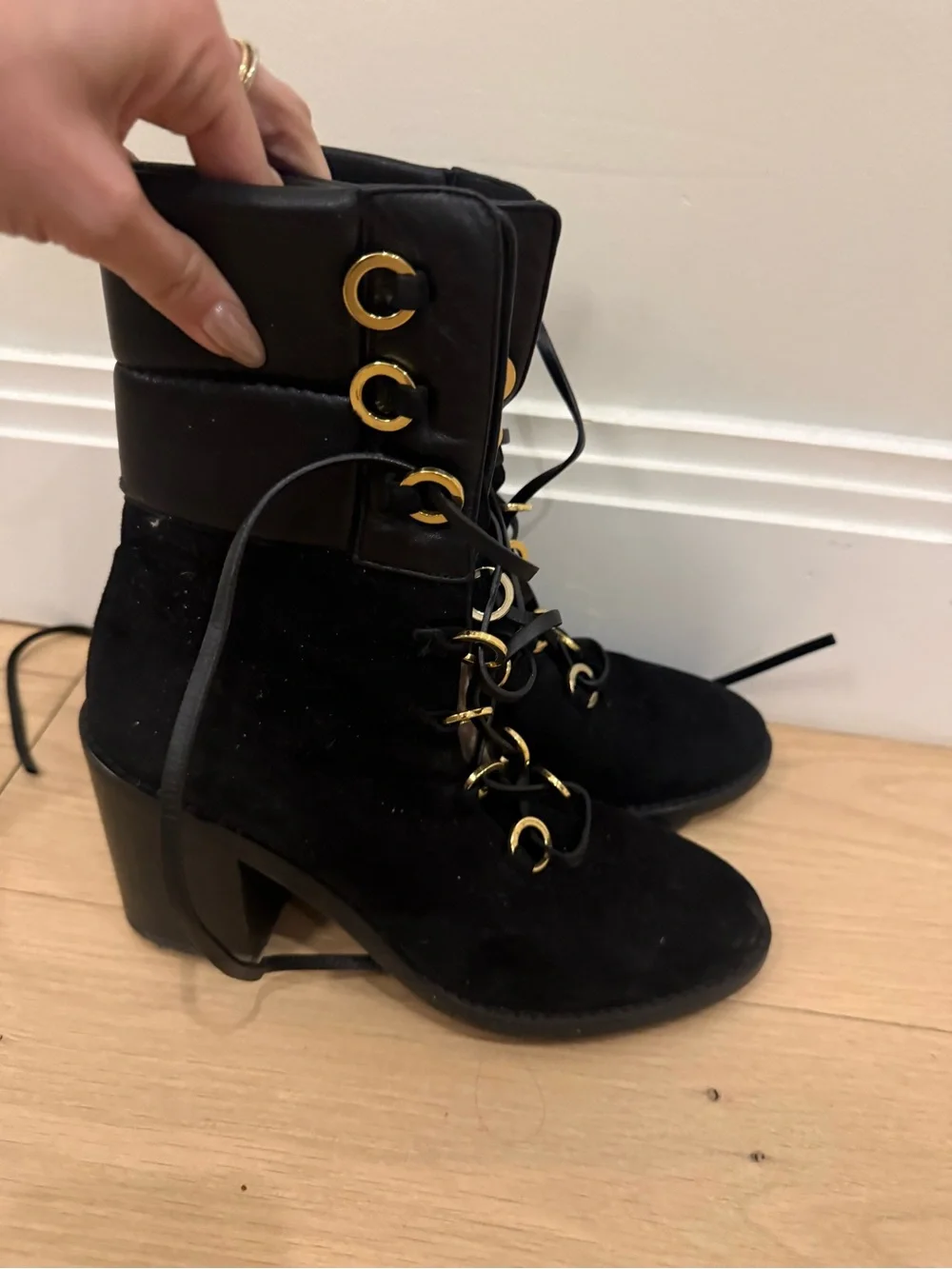 Stuart Weitzman Black Suede Lace-Up Ankle Boots with Gold Hardware